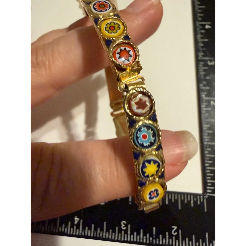Vintage Italian Micro Mosaic Millefiori Glass Gold Tone Bracelet Floral 7.5